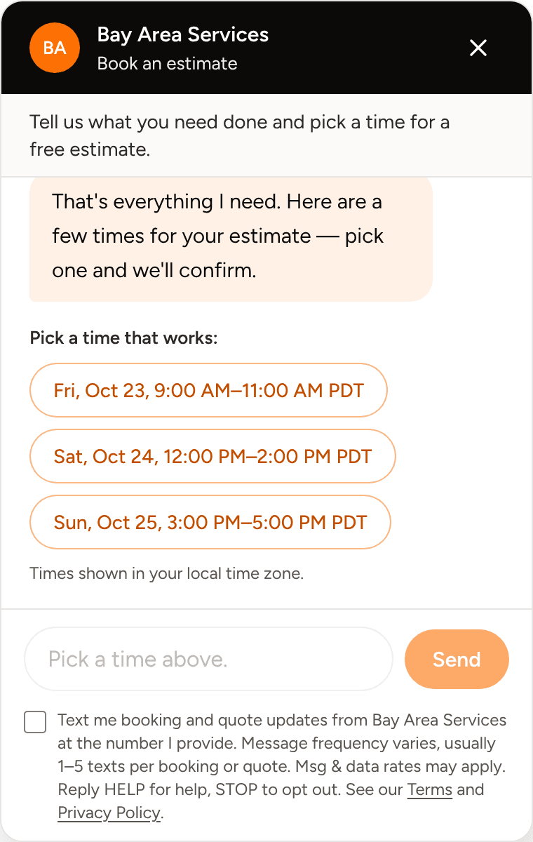 Bay Area Services booking chat offering a customer times for an estimate